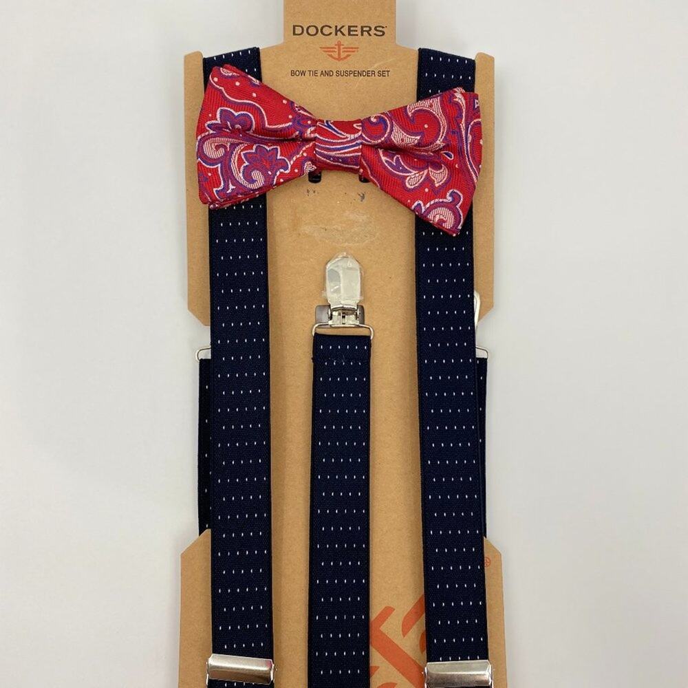 Dockers Mens Bow Tie and Suspender Set NEW Blue Red Polka Dots
